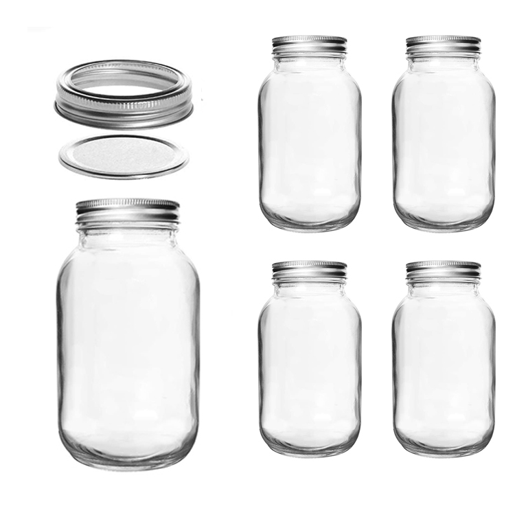 Wide Mouth Metal Cap Small 1000Ml 33.8Oz 2.1Pint 1.06Quart Round Quilted Spice In Bulk Mini Clear Glass Mason Jar With Lids