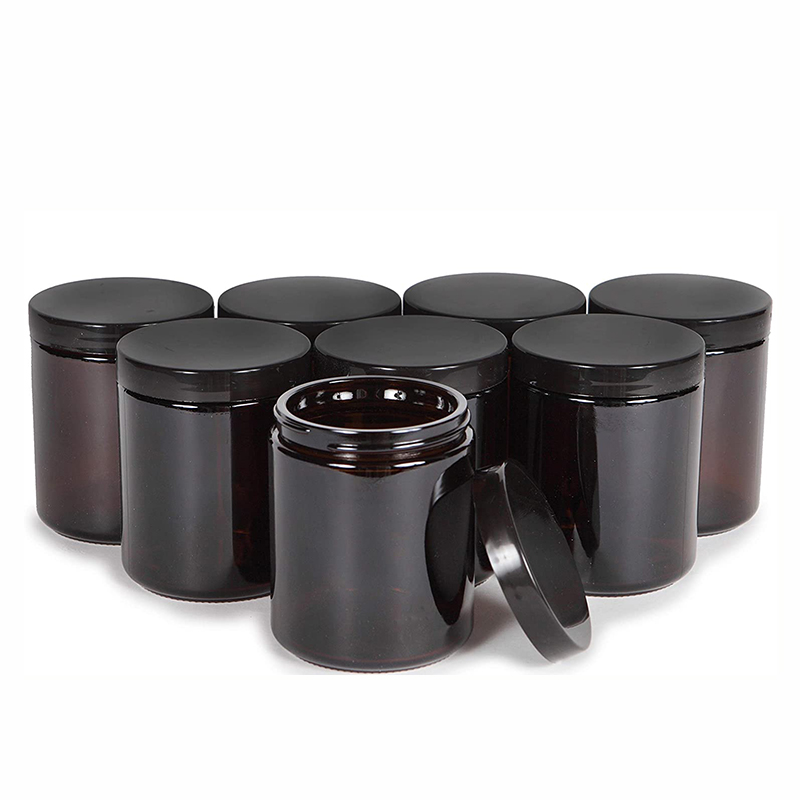 Wide Mouth Screw Top 8oz Amber Glass Candle Jar With Black Lid