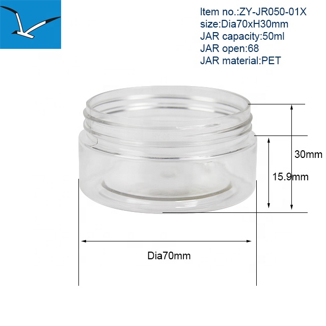 Wide Open Cylider Shape 50ml Clear PET Jar with aluminum lid for Face Cream Packaging Jar Use