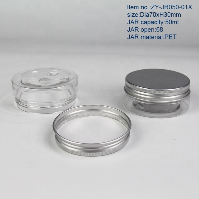 Wide Open Cylider Shape 50ml Clear PET Jar with aluminum lid for Face Cream Packaging Jar Use
