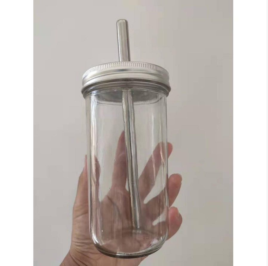 Wide mouth 22oz mason glass jar with plastic cap or tin lid milk boba tea glass cup smoothies jar with straw