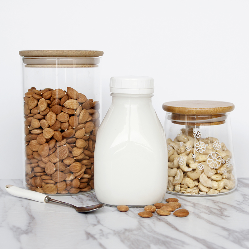 Wide mouth borosilicate airtight kitchen tea pasta food spice glass storage jar containers with wooden bamboo lid