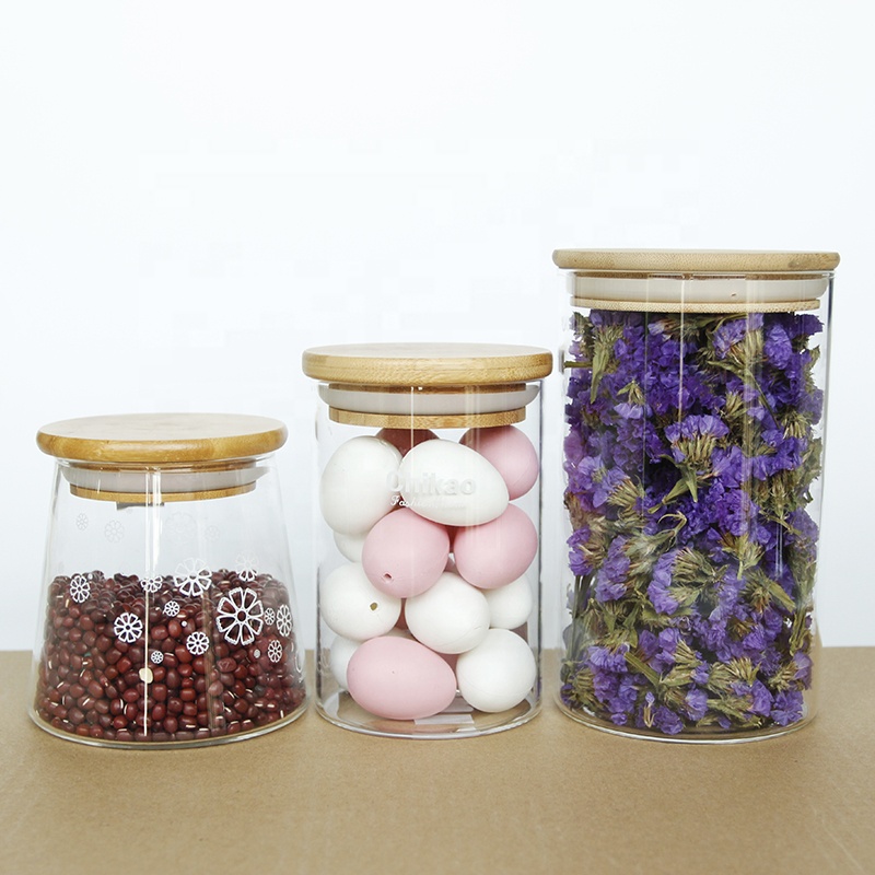 Wide mouth borosilicate airtight kitchen tea pasta food spice glass storage jar containers with wooden bamboo lid