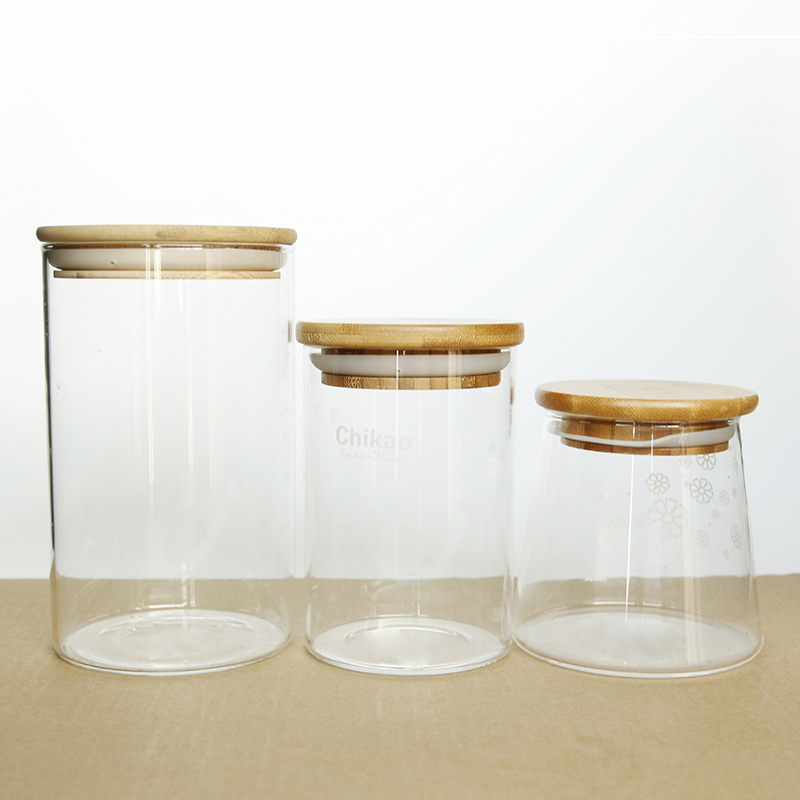 Wide mouth borosilicate airtight kitchen tea pasta food spice glass storage jar containers with wooden bamboo lid