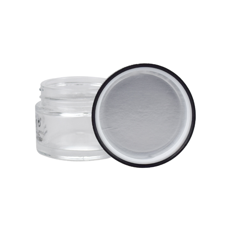 Wide mouth clear empty round glass storage jar 1oz 20ml 30ml 50ml child proof glass jar with black lid for CBD oil packaging