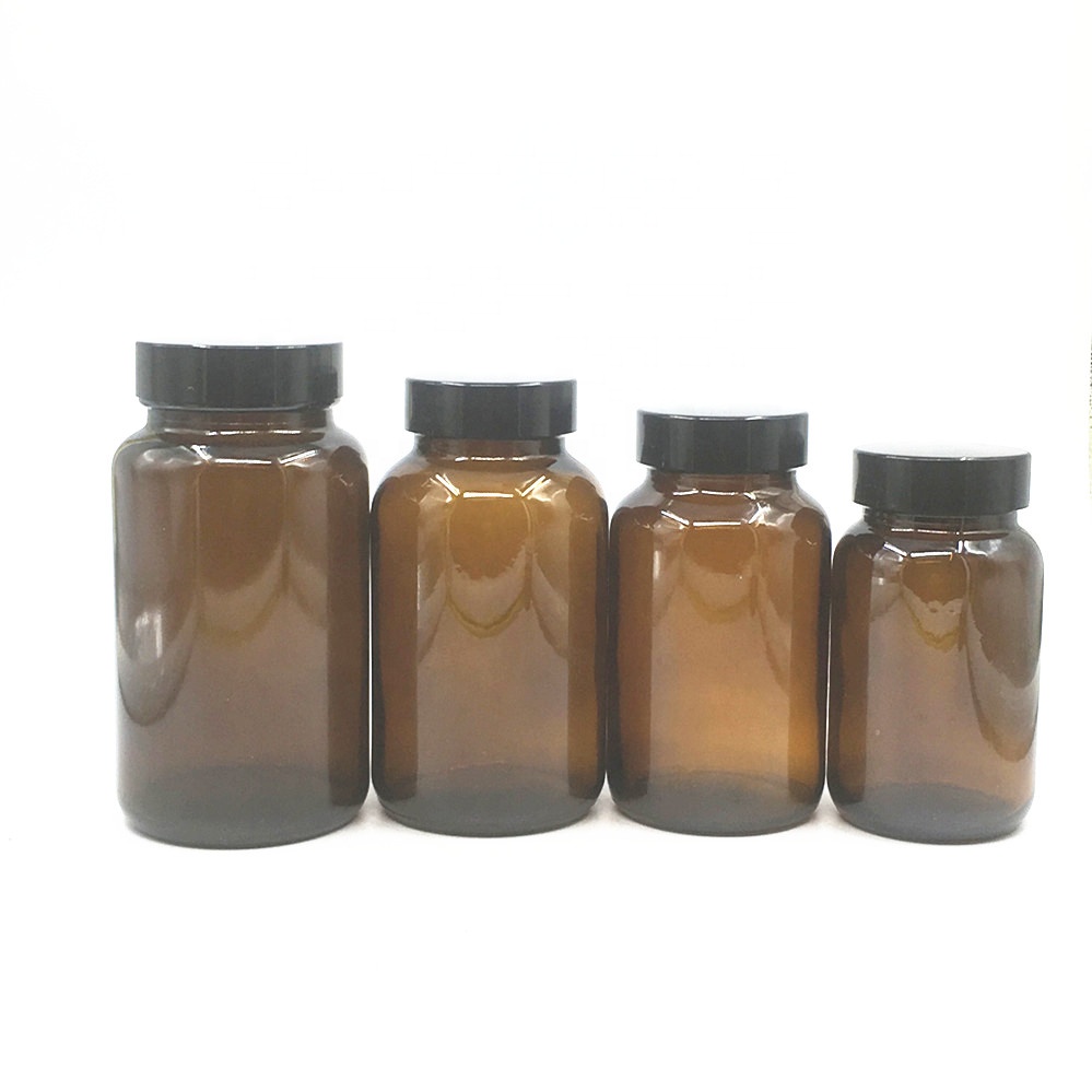 Wide mouth empty amber  150ml 200ml 250ml 300ml pharmaceutical  pill/medicine bottle/container glass bottle with screw cap