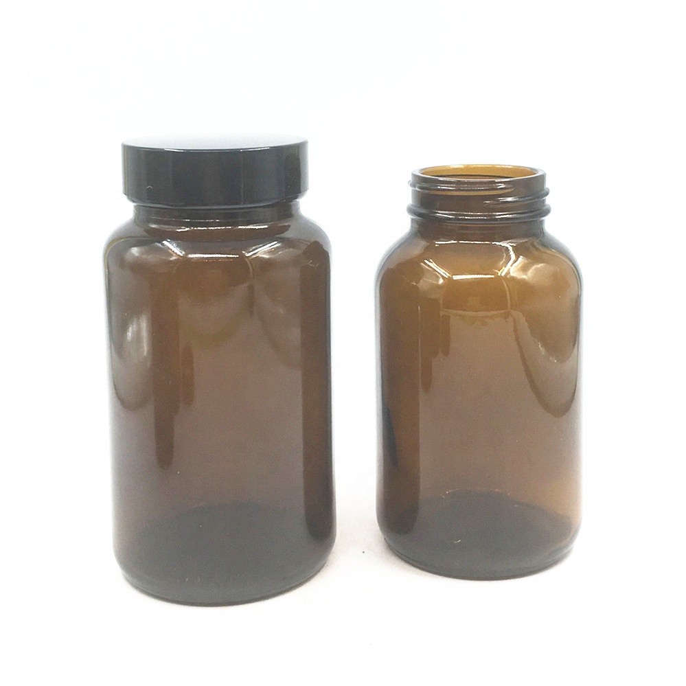 Wide mouth empty amber 150ml 200ml 250ml 300ml pharmaceutical pill/medicine bottle/container glass bottle with screw cap