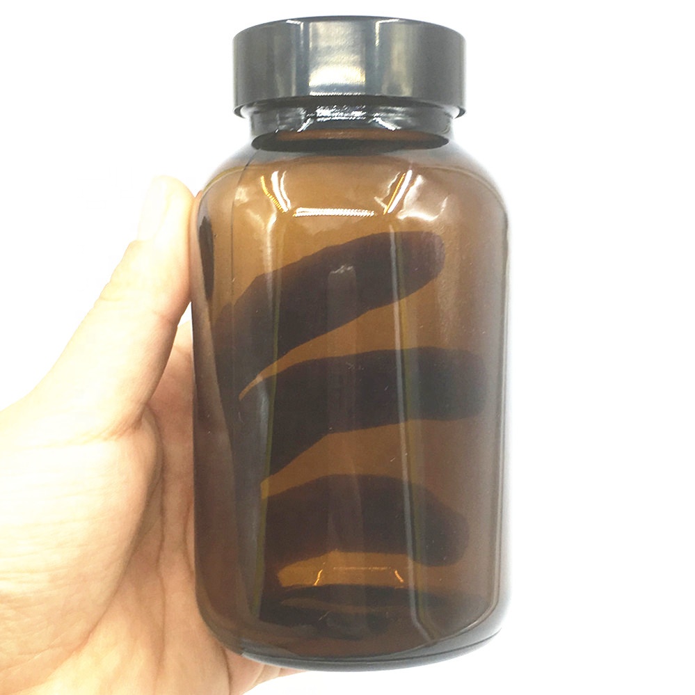 Wide mouth empty amber 150ml 200ml 250ml 300ml pharmaceutical pill/medicine bottle/container glass bottle with screw cap