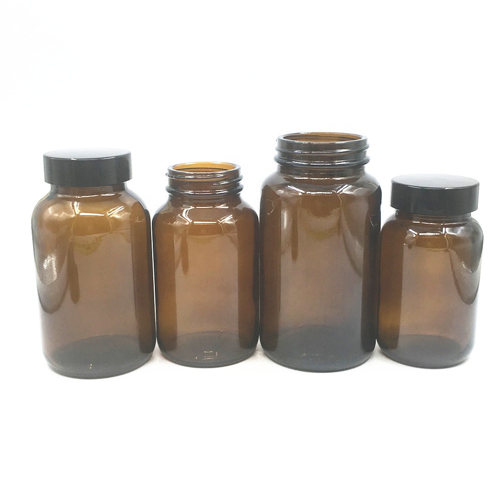 Wide mouth empty amber 150ml 200ml 250ml 300ml pharmaceutical pill/medicine bottle/container glass bottle with screw cap
