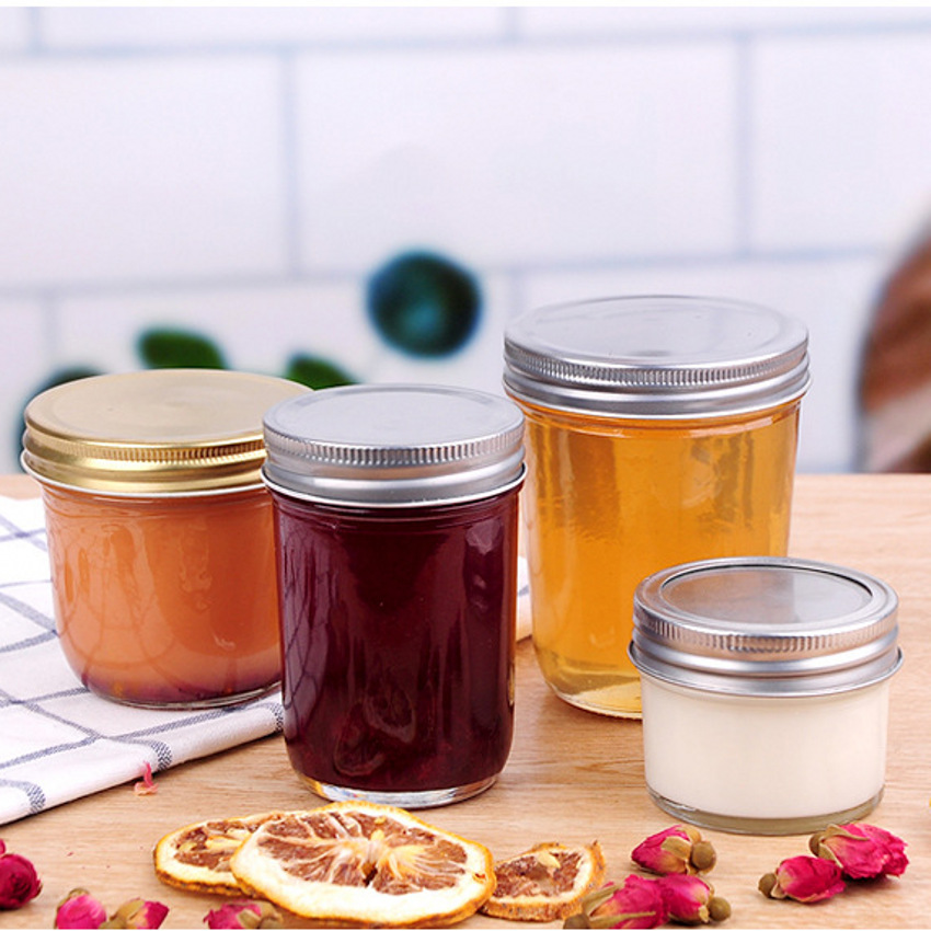 Wide mouth glass mason jar clear round glass jam jar with metal lid