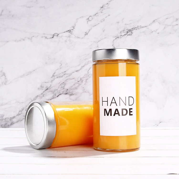 Wide mouth straight cylinder glass honey jar packing container for beverage juice with 70 cap