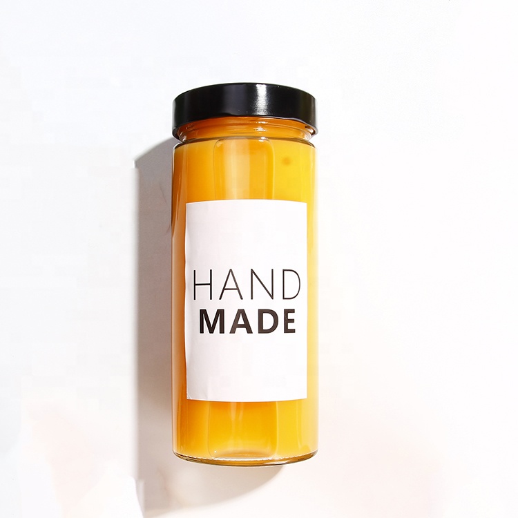 Wide mouth straight cylinder glass honey jar packing container for beverage juice with 70 cap