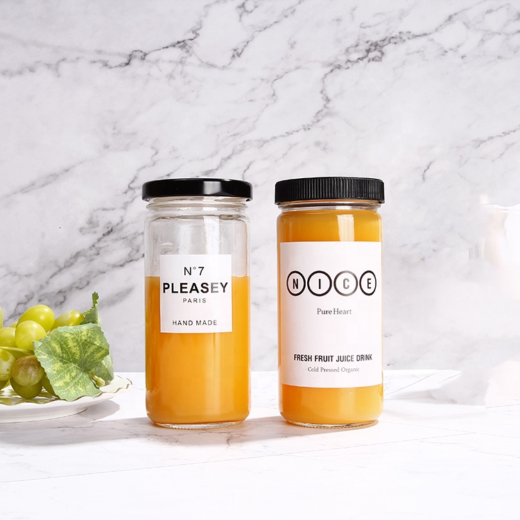 Wide mouth straight cylinder glass honey jar packing container for beverage juice with 70 cap