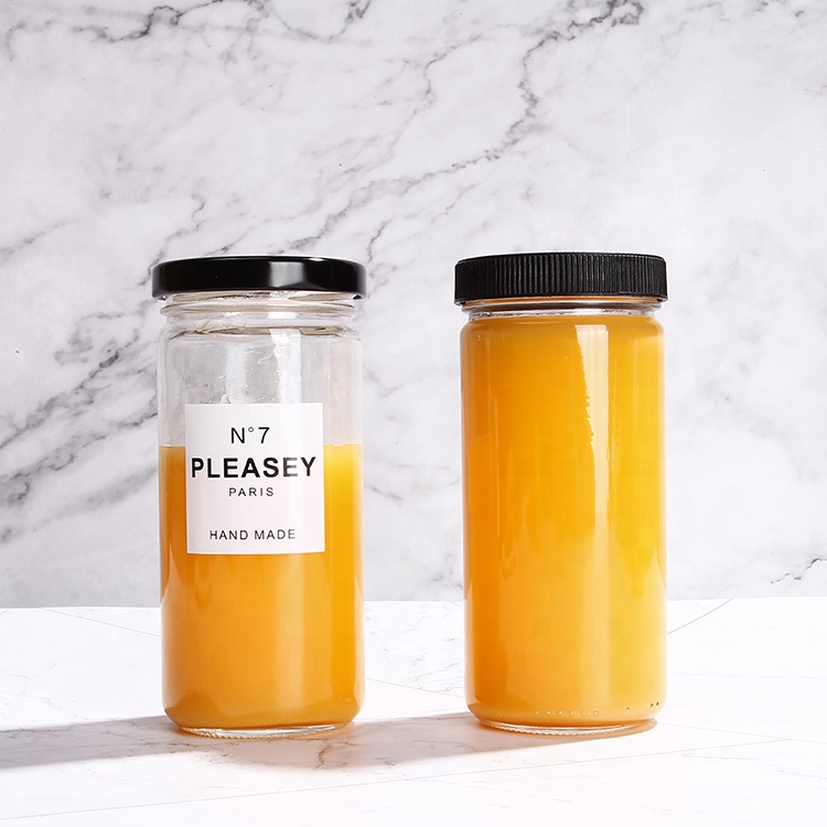 Wide mouth straight cylinder glass honey jar packing container for beverage juice with 70 cap