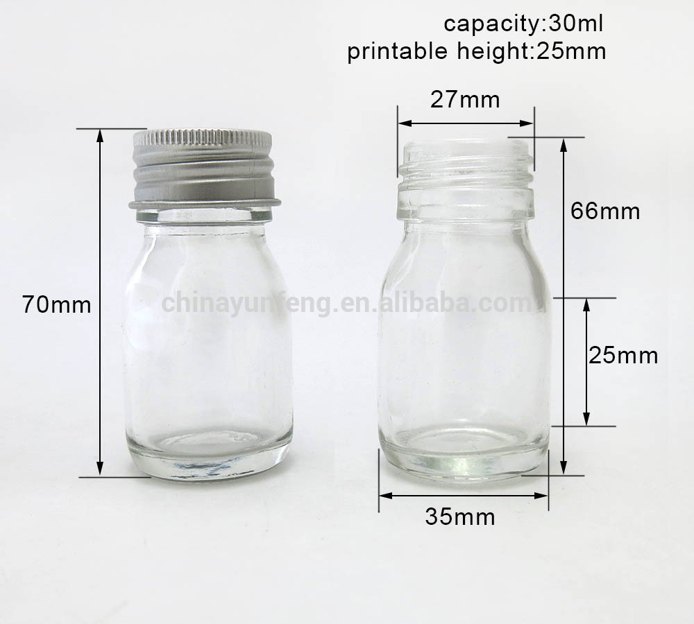 Wide open mouth 30ml boston round glass bottle with stopper and metal screw lids