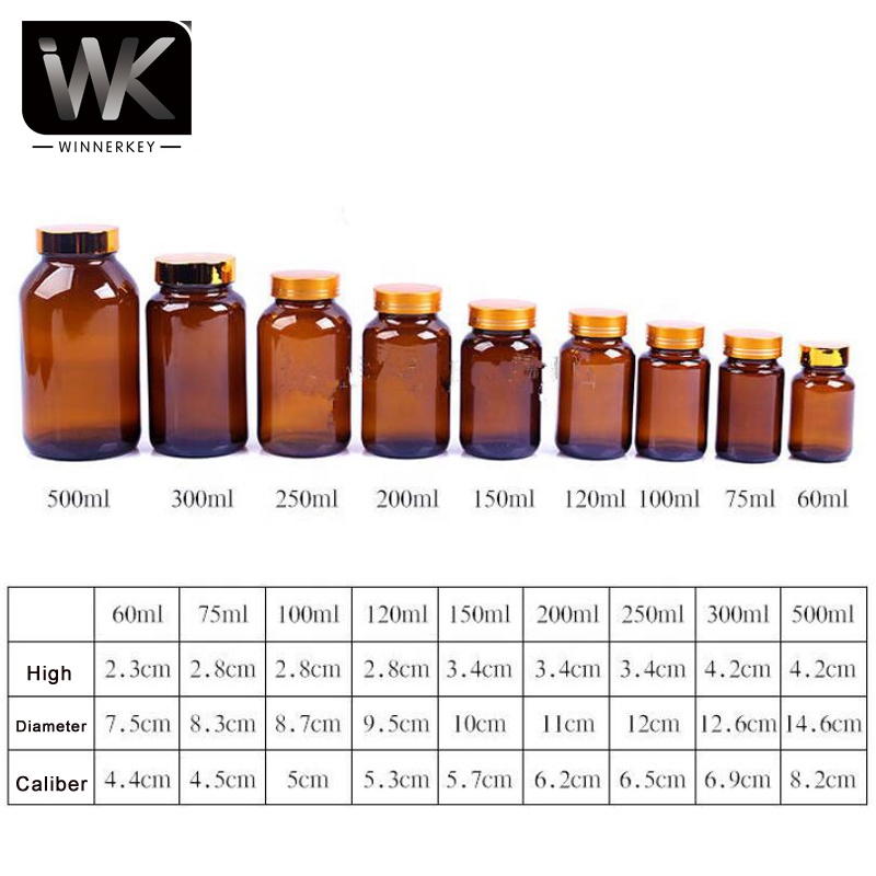 Winnerkey 100ml 120ml 150ml cylinder medicine amber capsule syrup glass bottle with metal cap