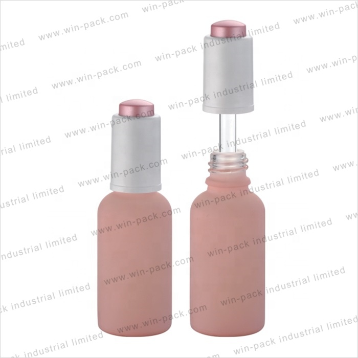 Winpack China Supplier Soft Touch Cosmetic Bottle Pink Glass Metal Cap Ribbed Dropper