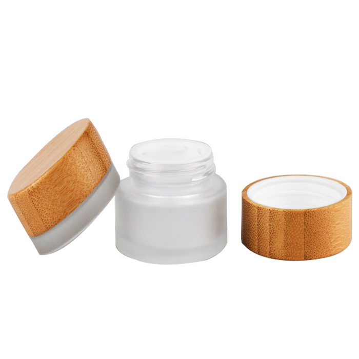 Women gift skin care cream bamboo wooden cosmetic facial cream lotion frosted glass candle jar bottles with lid