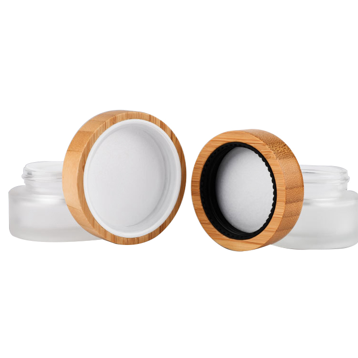Women gift skin care cream bamboo wooden cosmetic facial cream lotion frosted glass candle jar bottles with lid