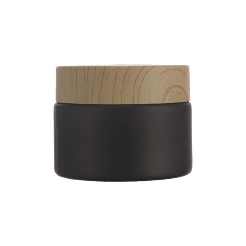 Wood Grain Lid Makeup Cosmetic Cream Containers Transparent Frosted Black Glass Jar