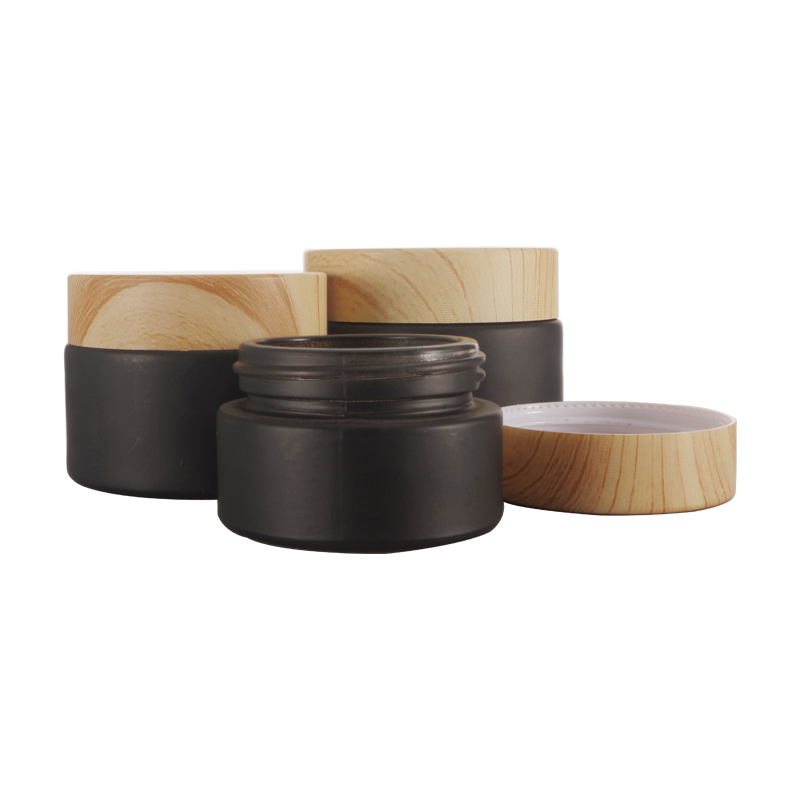 Wood Grain Lid Makeup Cosmetic Cream Containers Transparent Frosted Black Glass Jar