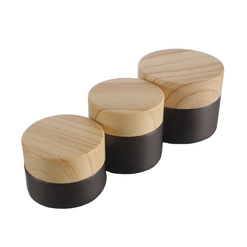 Wood Grain Lid Makeup Cosmetic Cream Containers Transparent Frosted Black Glass Jar