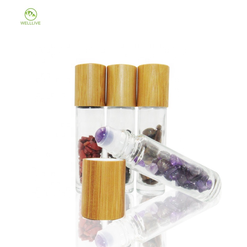 Wood bamboo cap 10ml transparent moisturizing serum cosmetic rainbow glass crystal gemstone roller bottles