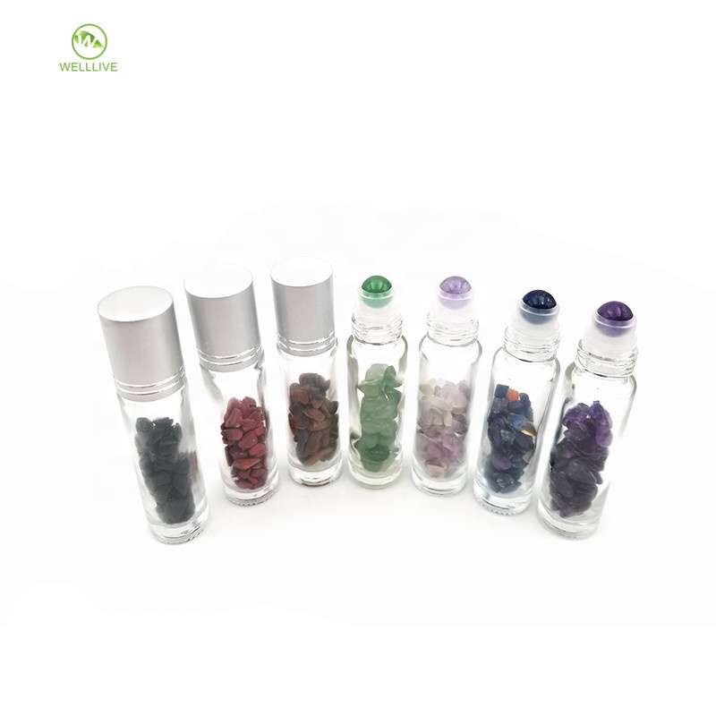 Wood bamboo cap 10ml transparent moisturizing serum cosmetic rainbow glass crystal gemstone roller bottles