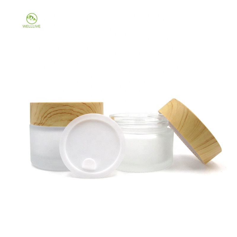 Wood cap white gasket liner 30g 50g round frosted clear glass jar for cosmetic cream