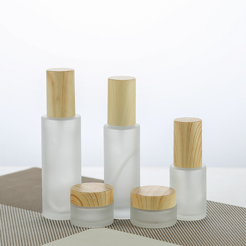 Wood grain cover frosted glass 50g round cream bottle 100ml fine spray top 120ml cosmetics separate bottle