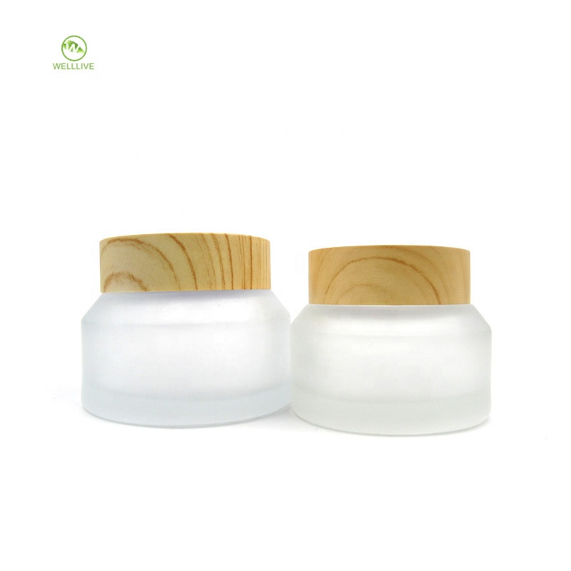 Wood grain screw cap 15g 30g 50g oblique shoulder frosted clear glass cream jar for cosmetic packaging