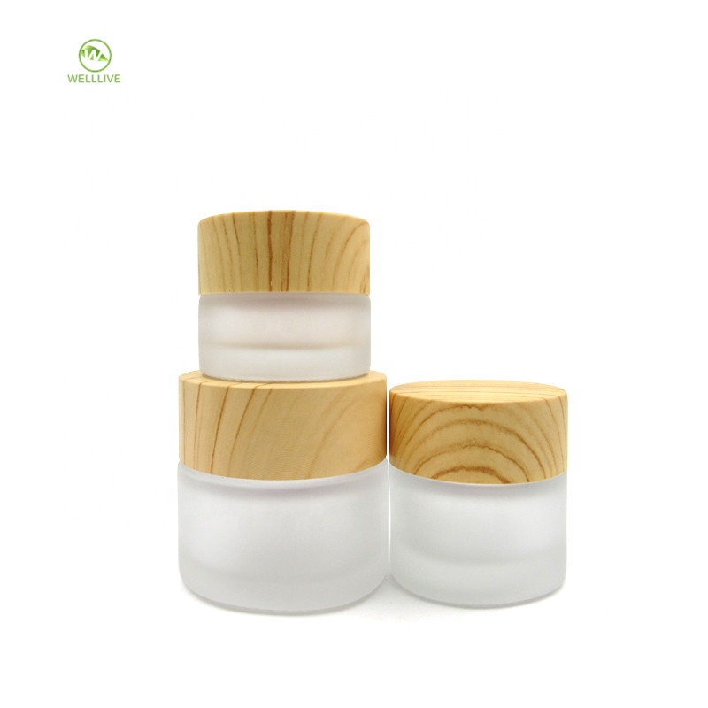 Wood grain screw cap 30g 50g 100g frosted clear glass cream jar for pharmaceutical packaging