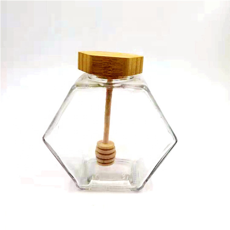 Wooden Cover  220ML 380ML 300G 350G 500G hexagon shape fancy beauty honey glass storage  jar with wooden cork lids