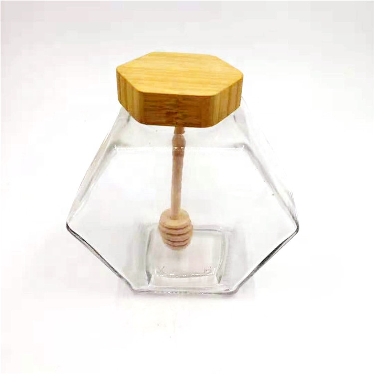 Wooden Cover 220ML 380ML 300G 350G 500G hexagon shape fancy beauty honey glass storage jar with wooden cork lids