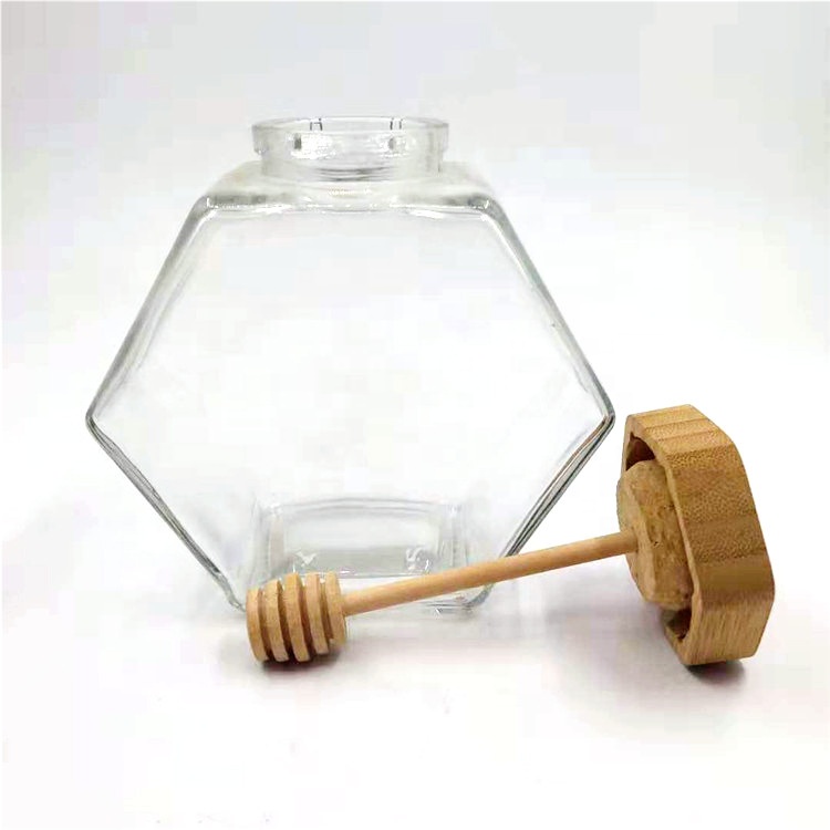 Wooden Cover 220ML 380ML 300G 350G 500G hexagon shape fancy beauty honey glass storage jar with wooden cork lids