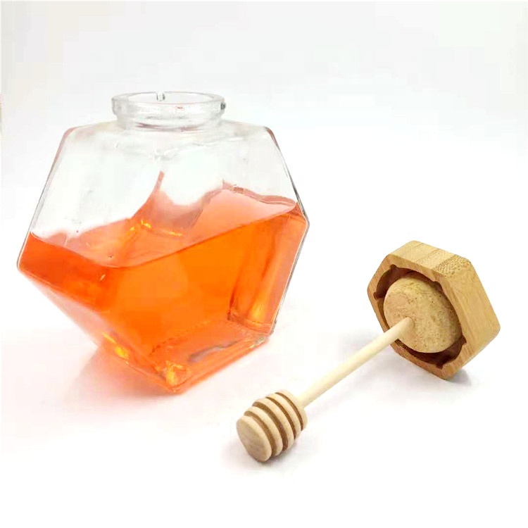 Wooden Cover 220ML 380ML 300G 350G 500G hexagon shape fancy beauty honey glass storage jar with wooden cork lids