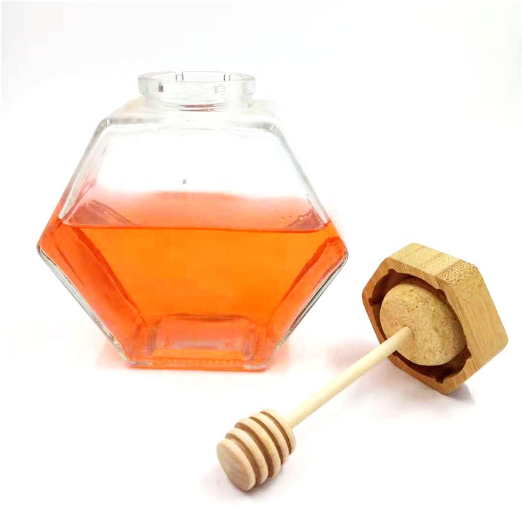 Wooden Cover 220ML 380ML 300G 350G 500G hexagon shape fancy beauty honey glass storage jar with wooden cork lids