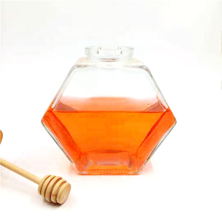 Wooden Cover 220ML 380ML 300G 350G 500G hexagon shape fancy beauty honey glass storage jar with wooden cork lids