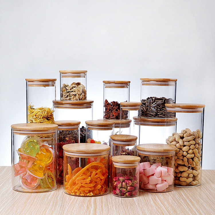 Wooden Cover Glass Jar container / Glass Sealed Can Food Storage Tank with Bamboo Lid /  Food Storage Bottles Container Kitchen