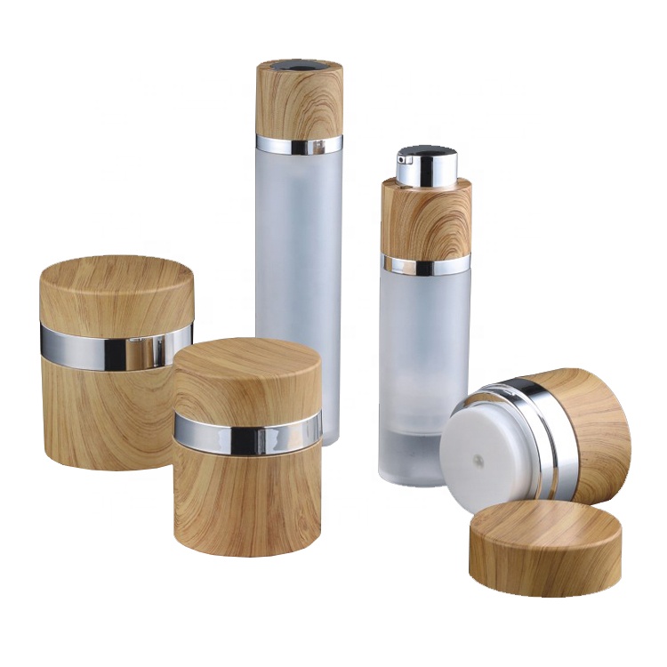 Wooden and acrylic material pressed vacuum container with pump jar cosmetic cream
