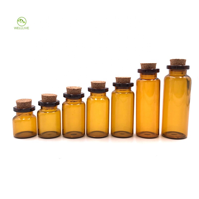 Wooden cork lid 1ml 2ml 3ml 4ml 5ml 6ml 7ml 8ml 10ml 15ml 20ml 30ml amber clear blue glass tube vials bottle