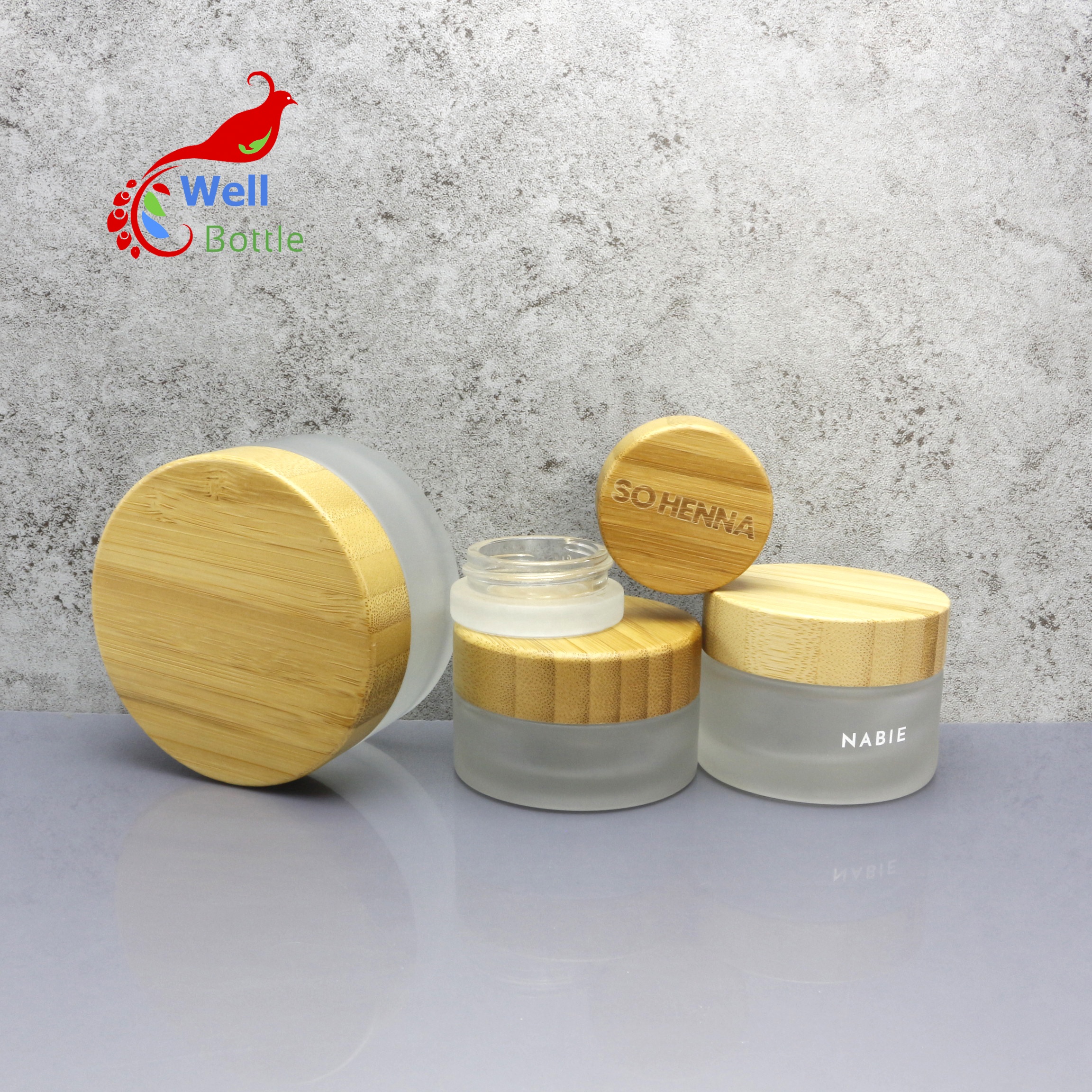 Wooden cosmetic packaging glass jar with bamboo top bamboo cosmetic cream containers BJ-601C