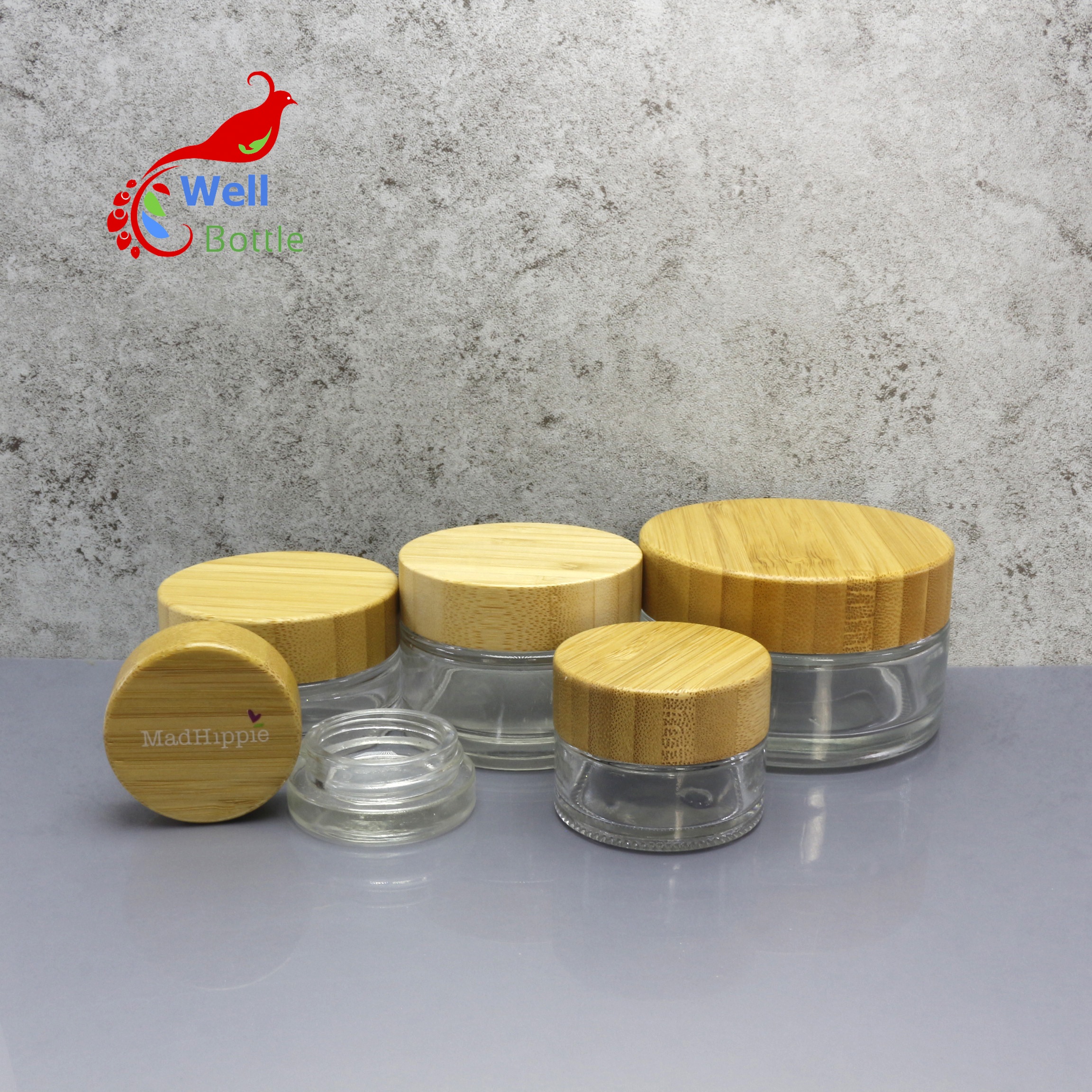 Wooden cosmetic packaging glass jar with bamboo top bamboo cosmetic cream containers BJ-601C