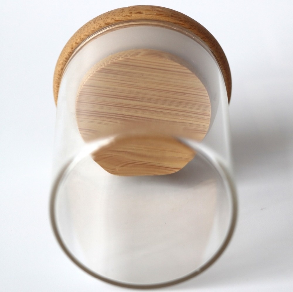 Wooden lid glass jar borosilicate storage glass jar custom bamboo lid spice weed food storage jar