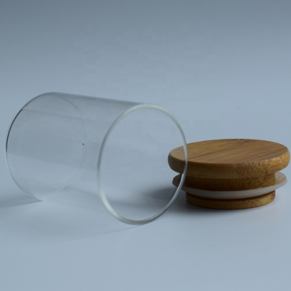 Wooden lid glass jar borosilicate storage glass jar custom bamboo lid spice weed food storage jar