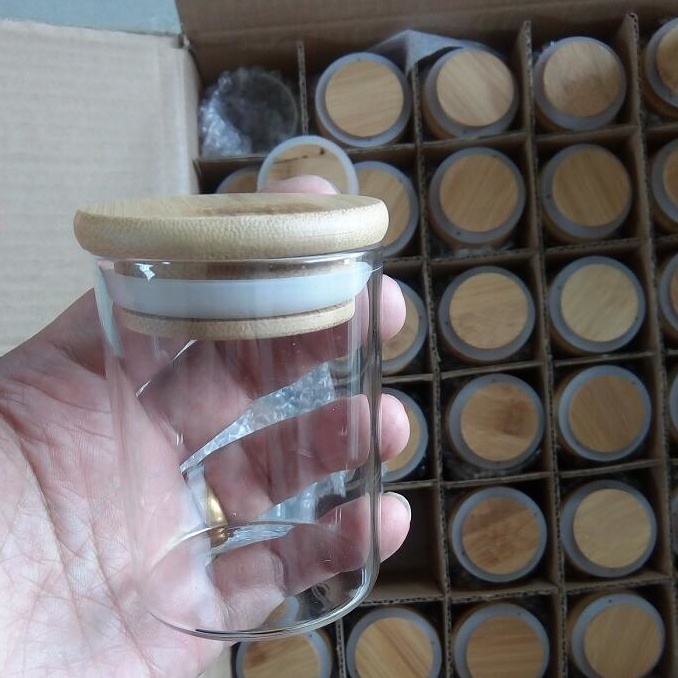 Wooden lid glass jar borosilicate storage glass jar custom bamboo lid spice weed food storage jar