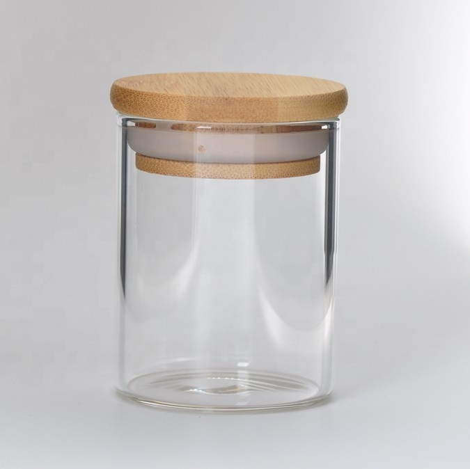 Wooden lid glass jar borosilicate storage glass jar custom bamboo lid spice weed food storage jar