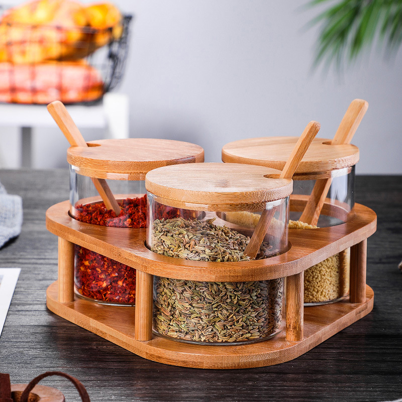 Wooden rack 280ml spices jar clear glass spice jar set with bamboo lid