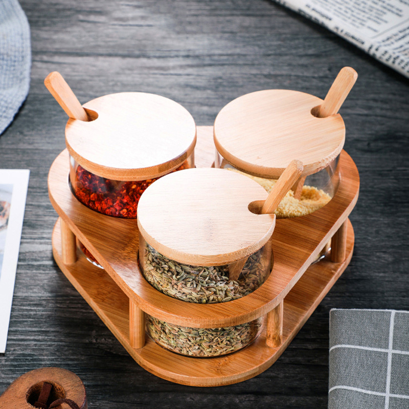 Wooden rack 280ml spices jar clear glass spice jar set with bamboo lid