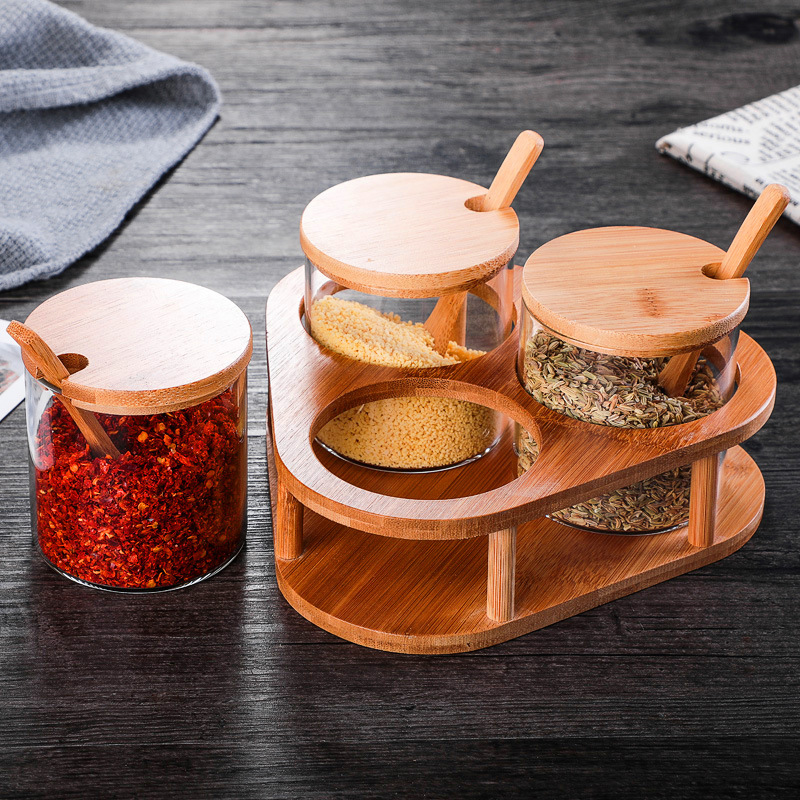 Wooden rack 280ml spices jar clear glass spice jar set with bamboo lid